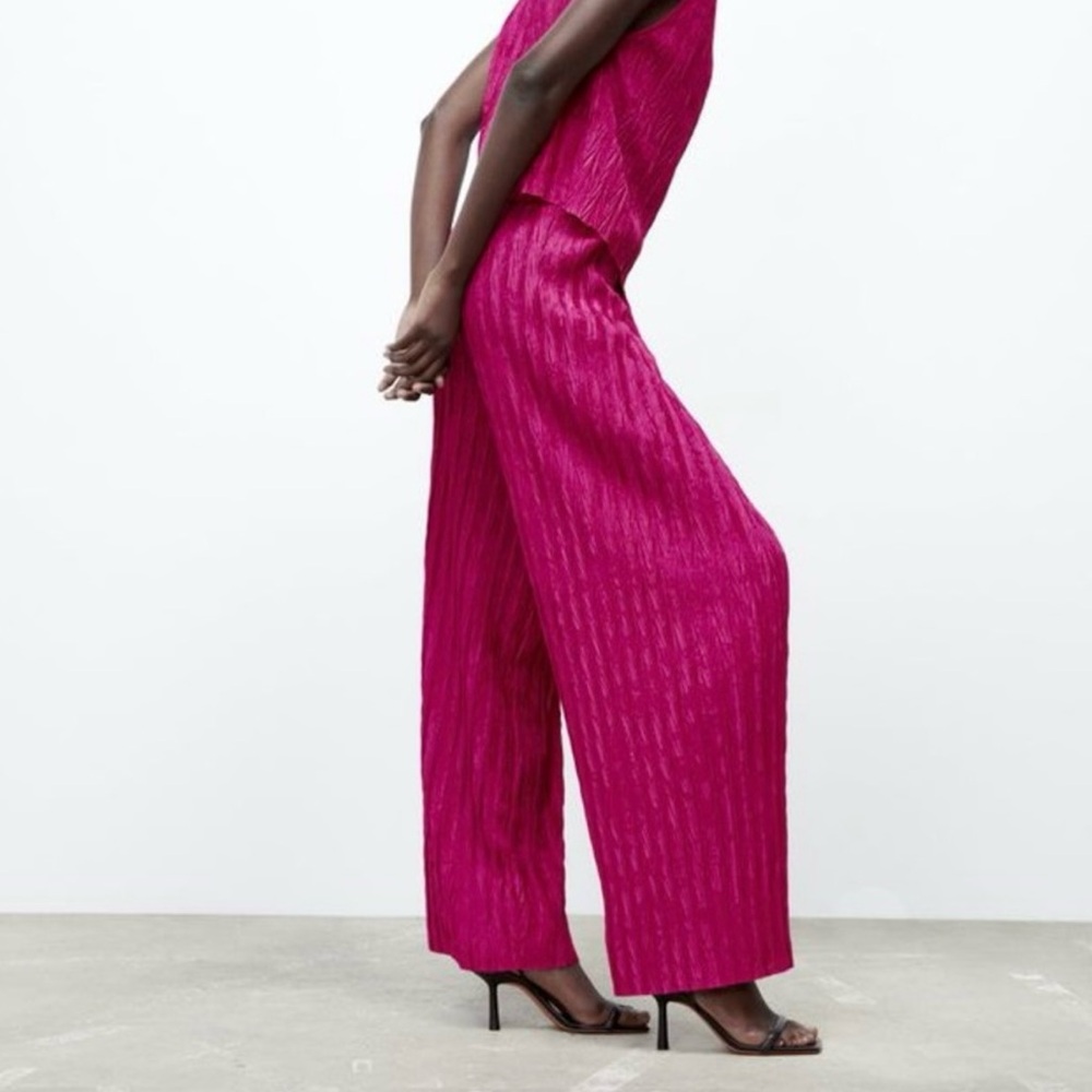 Zara Pink Wide Leg Jumpsuit with Pleated Texture